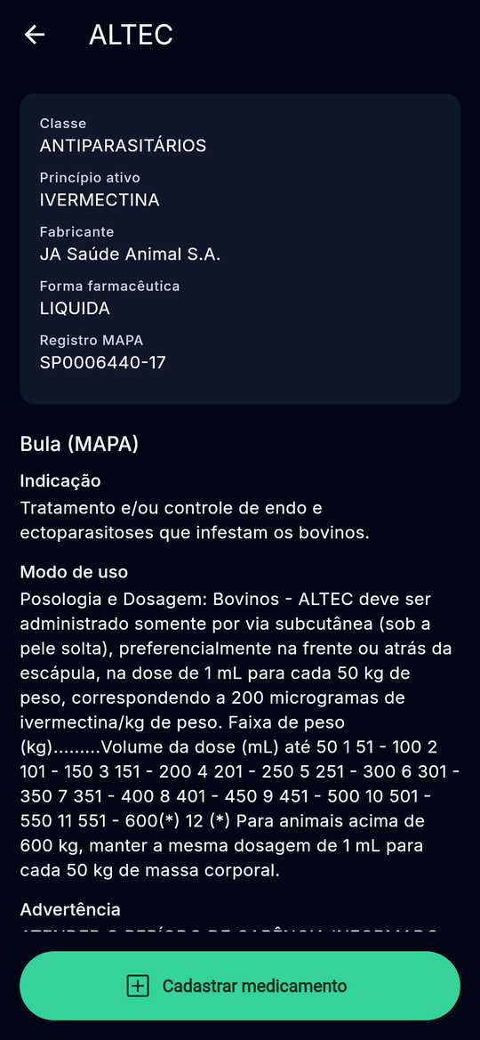 Detalhe de um produto do catálogo MAPA com classe, princípio ativo, registro e bula (indicação e modo de uso).