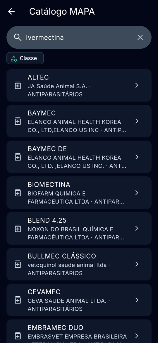 Busca no catálogo por 'ivermectina' mostrando vários produtos com fabricante e classe.