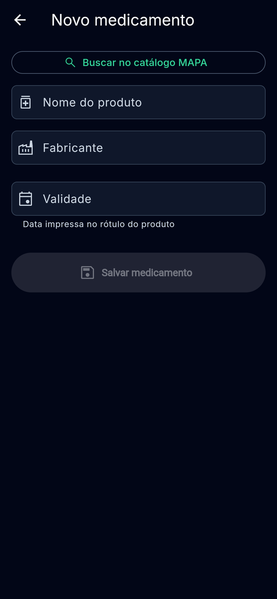 Formulário de novo medicamento com o botão Buscar no catálogo MAPA e o campo de validade sempre em branco.