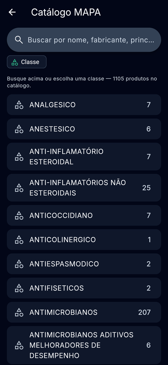 Tela do Catálogo MAPA no app, com os produtos organizados por classe terapêutica e a contagem de itens em cada uma.